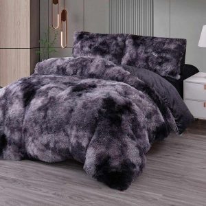 Čupavi set posteljine - 4 dela (Sivo-Crna)